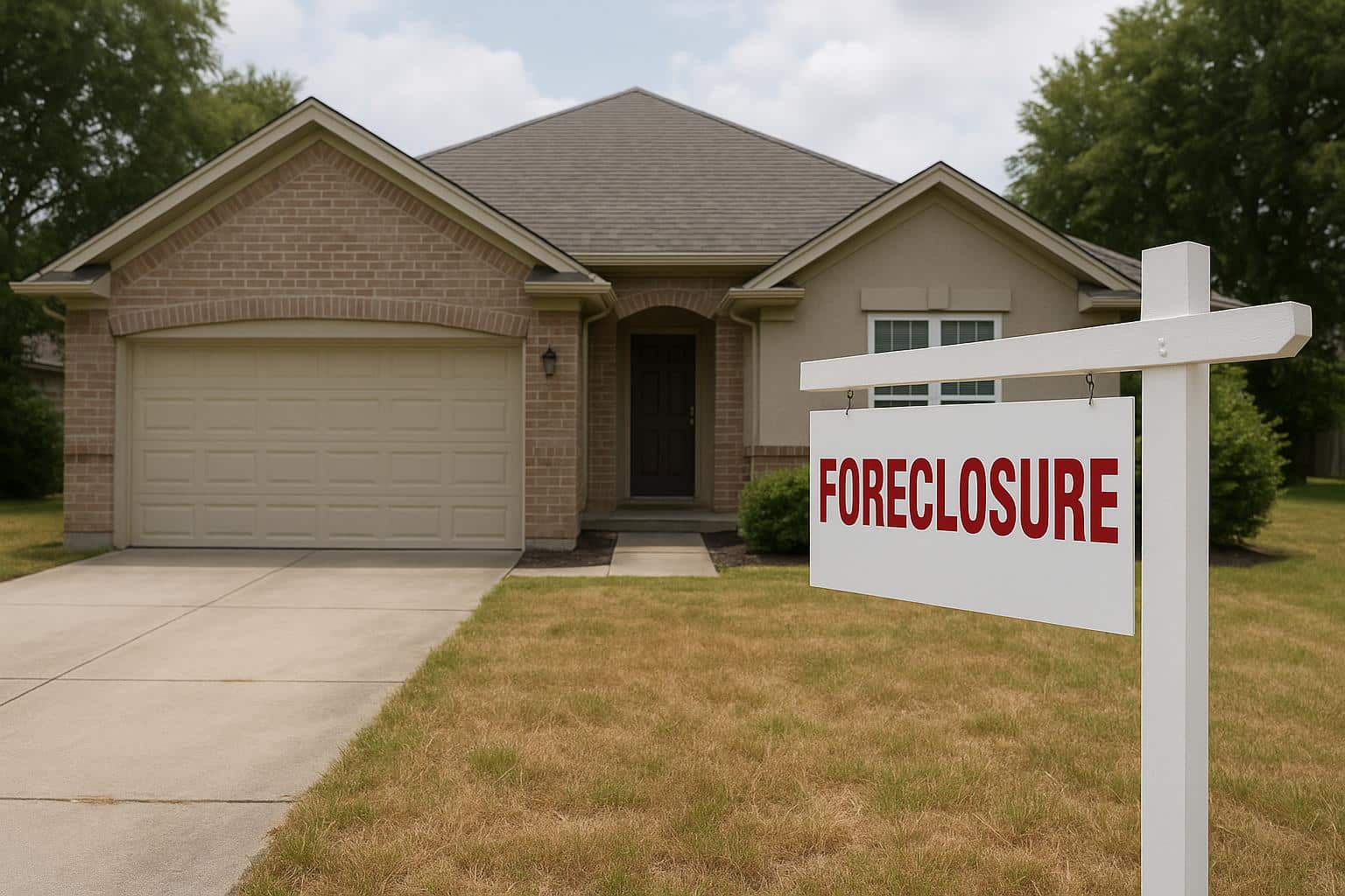 House with foreclosure sign and packed boxes, symbolizing a fresh start after foreclosure