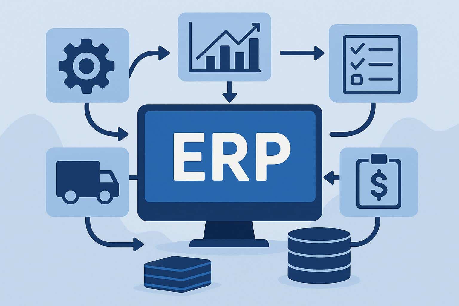 Modern office workspace with digital dashboard showcasing ERP software for business efficiency