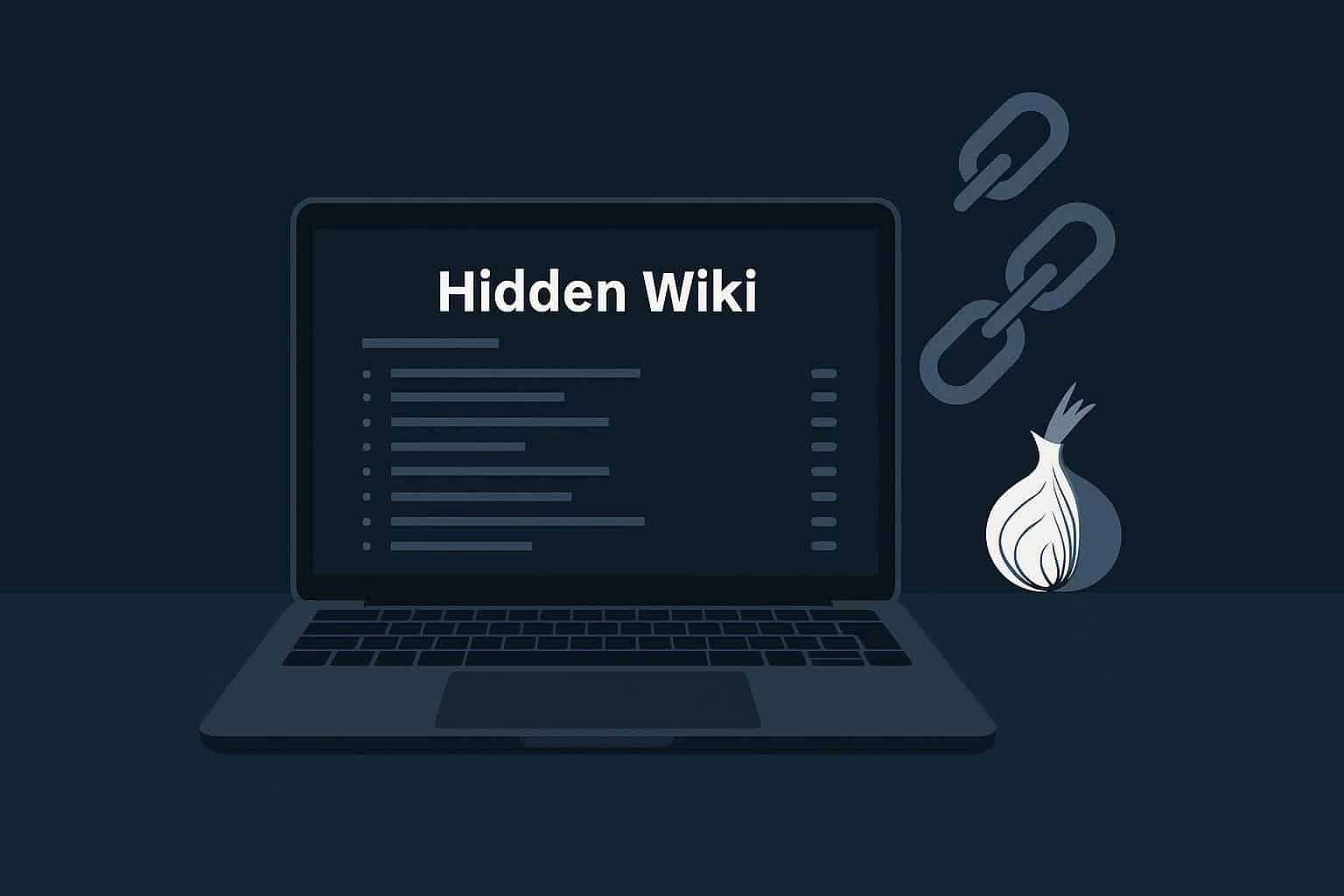 Hidden Wiki links directory illustration featuring networked .onion icons and secure web symbols