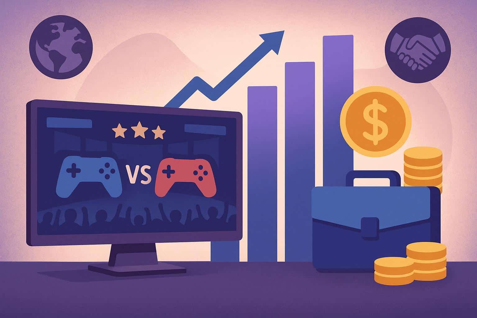 Esports championship arena with digital screens displaying sponsor logos and audience engagement