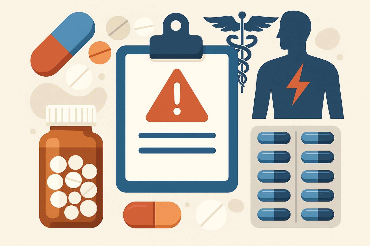 Various medication pills and tablets illustrating different types of adverse drug reactions