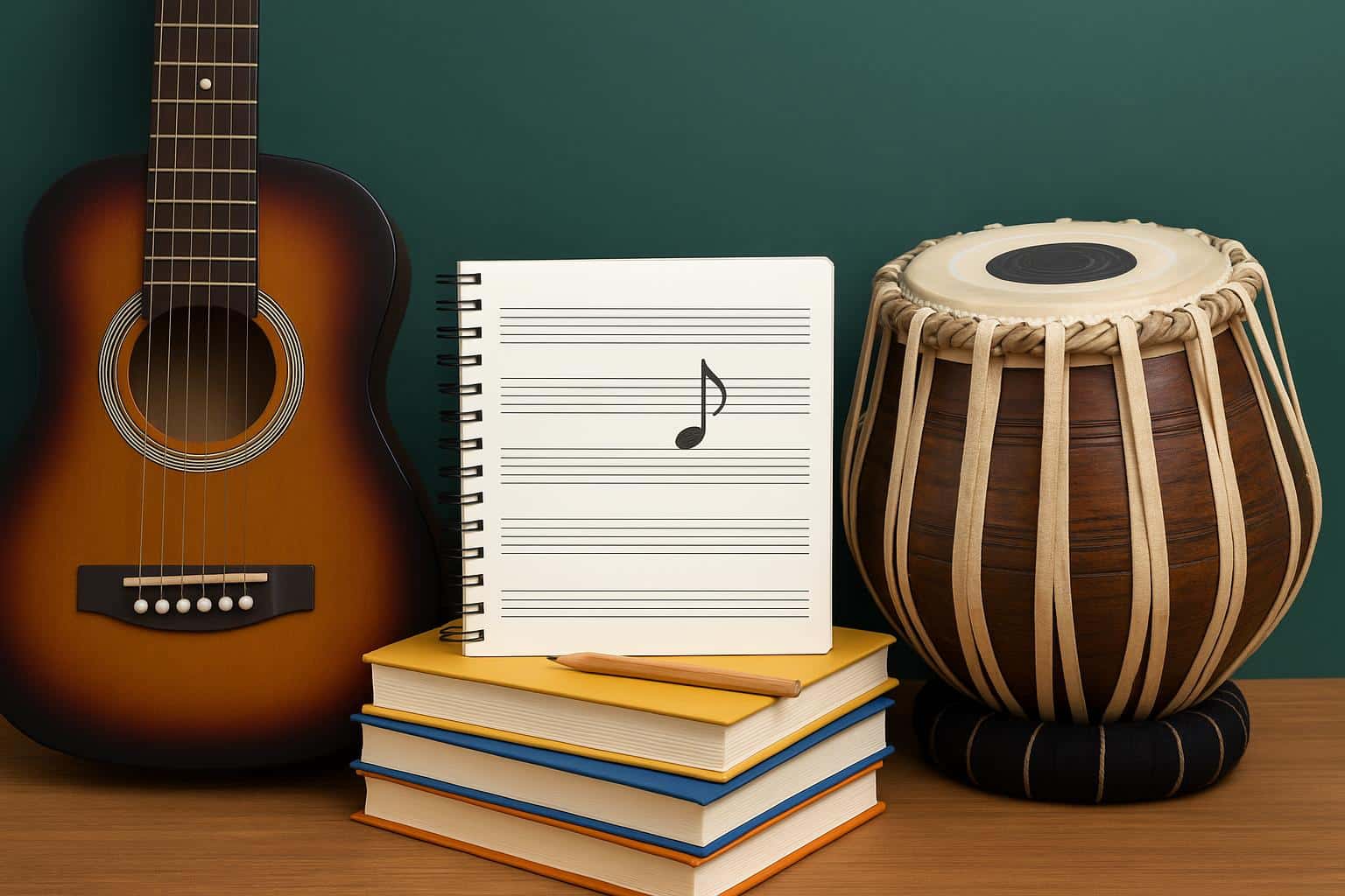 Modern campus of top Indian music school with students practicing instruments outdoors