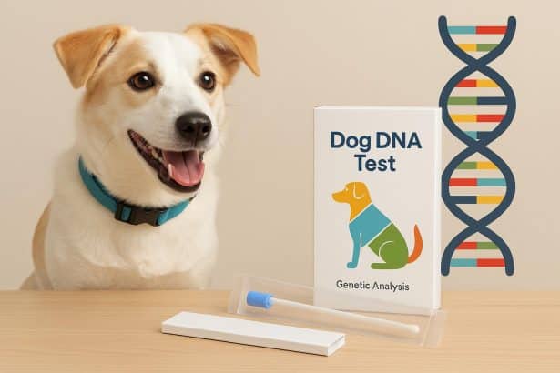 Golden retriever lying next to a dog DNA test kit box on a living room carpet
