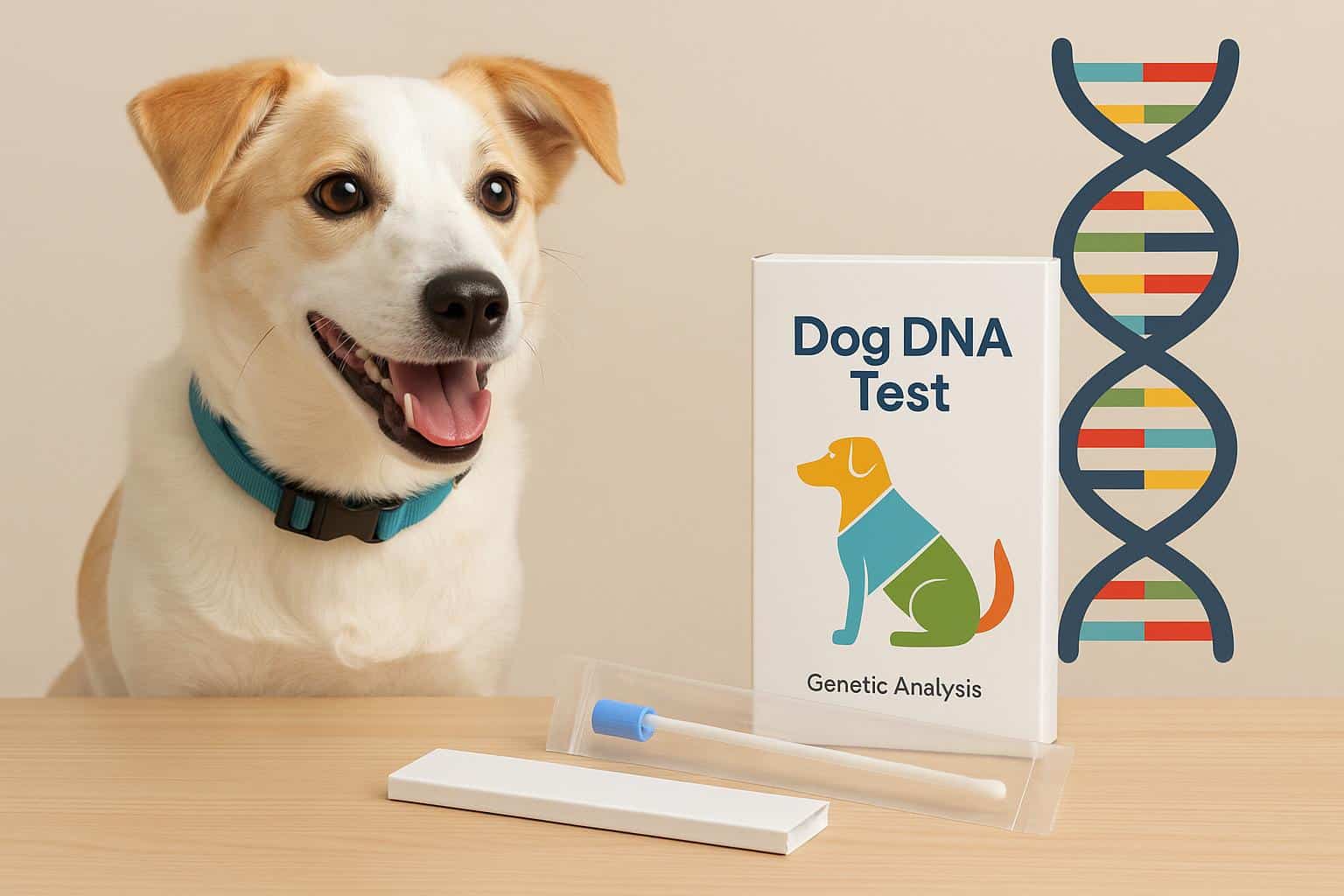 Golden retriever lying next to a dog DNA test kit box on a living room carpet