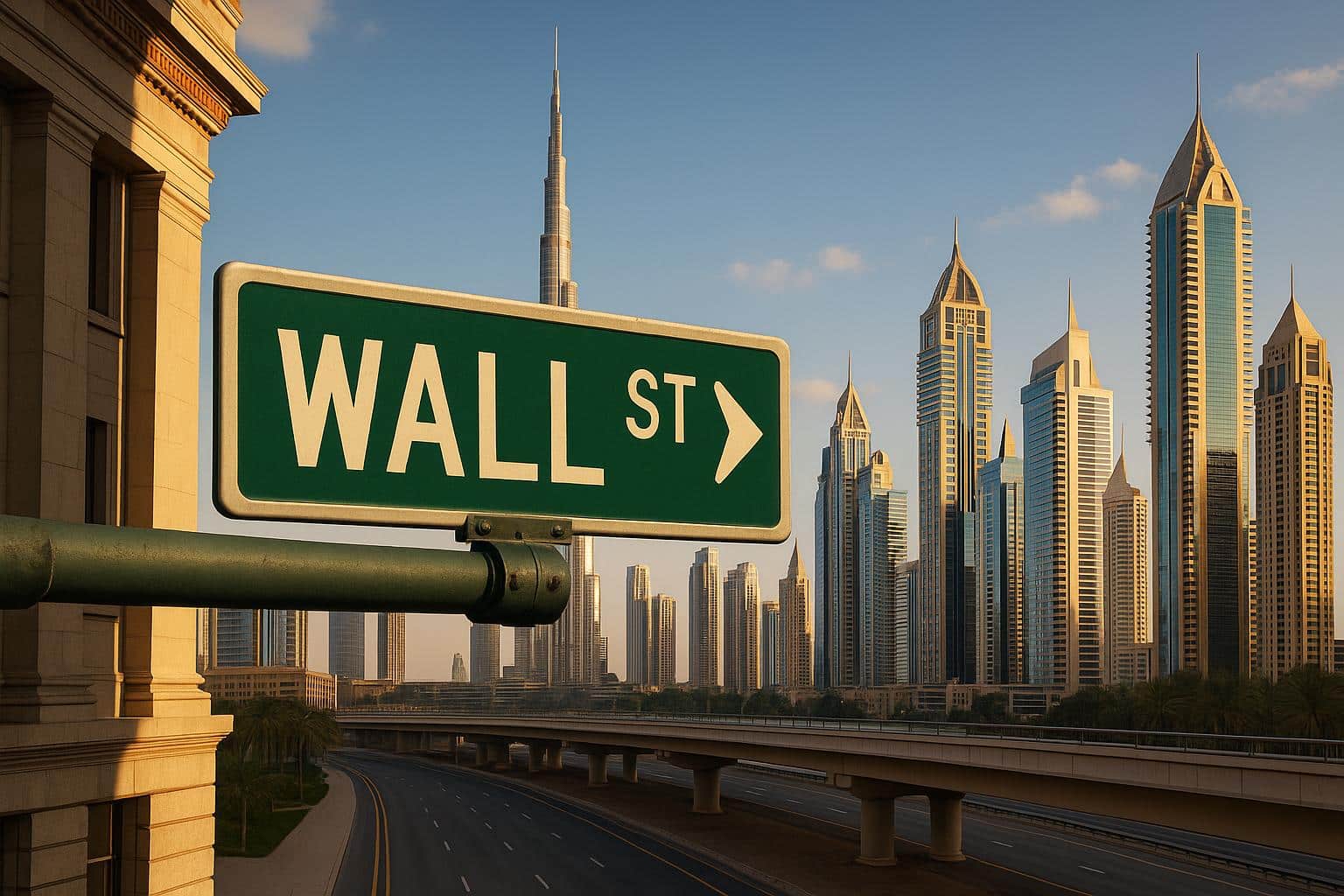 Skyscrapers of Wall Street and Dubai skyline representing shifting American financial ambitions