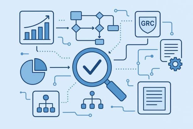 Data dashboard visualizing GRC solutions optimizing transparency in interconnected business workflows