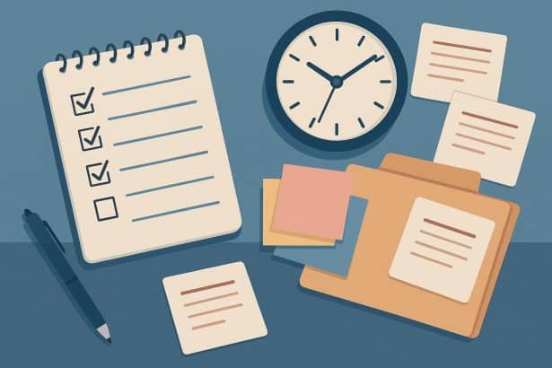 Desk with planner, calendar, sticky notes, and laptop for managing multiple project deadlines