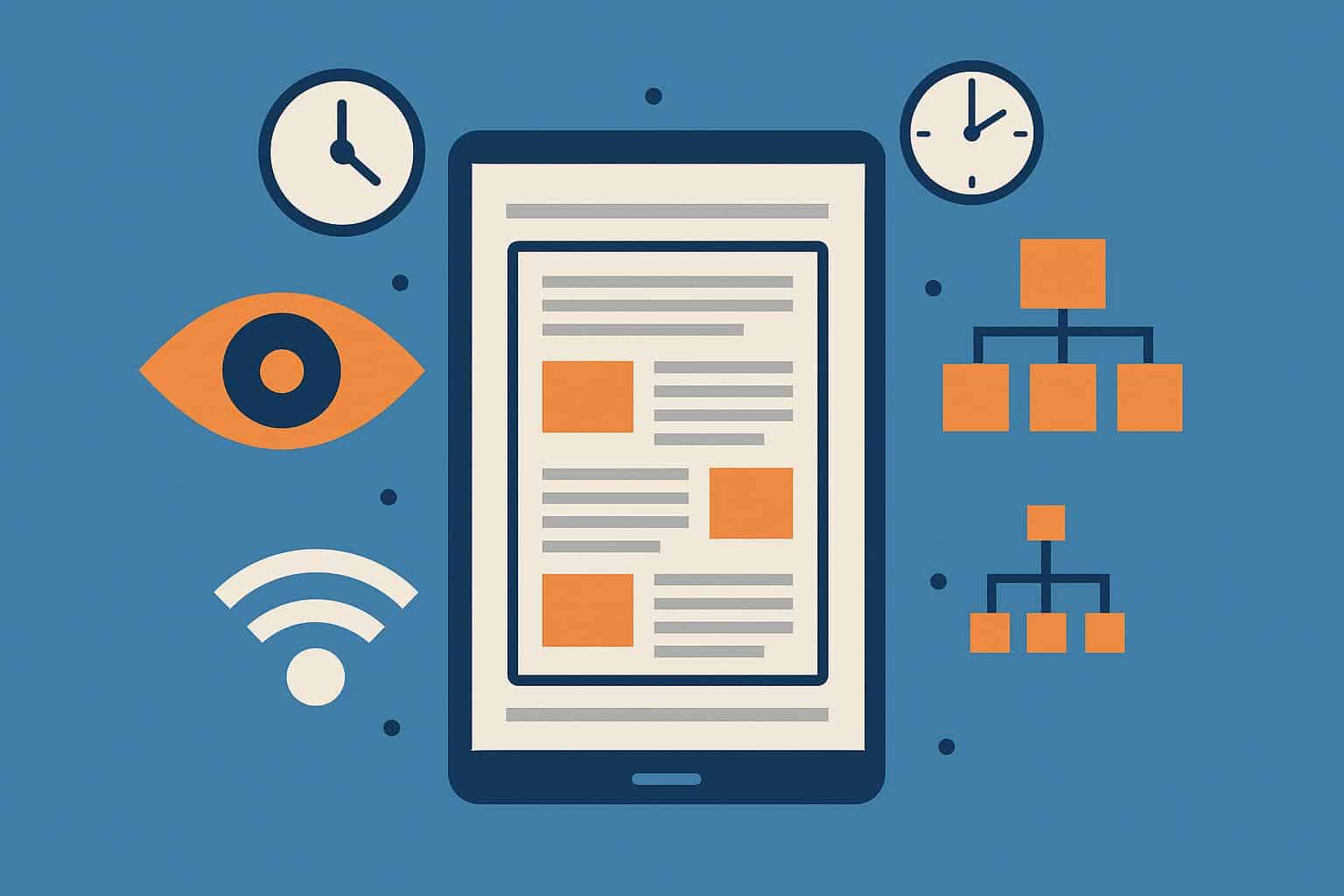 Digital attention span concept with layered article layout and highlighted retention strategies