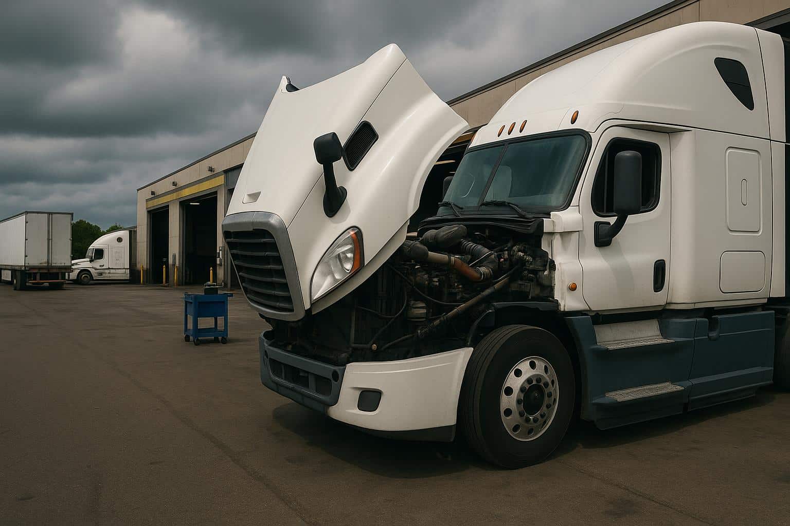Parked semi-trucks at a service center representing small fleet downtime and maintenance challenges