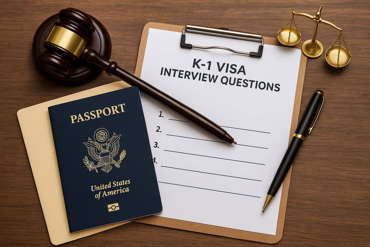 K-1 visa interview preparation with sample questions and official documents on a desk