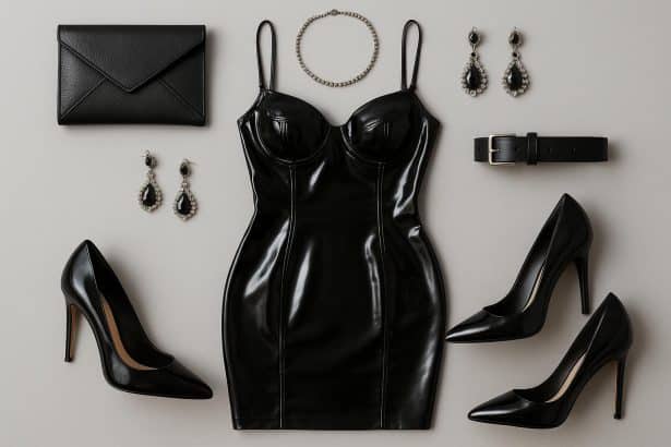 Red latex dress styled with statement jewelry and clutch for a fashionable women's outfit