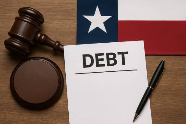Texas courthouse with legal documents highlighting debt negotiation and state law influence