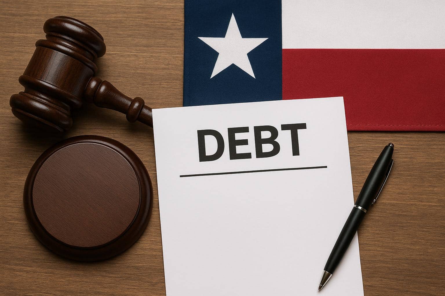 Texas courthouse with legal documents highlighting debt negotiation and state law influence