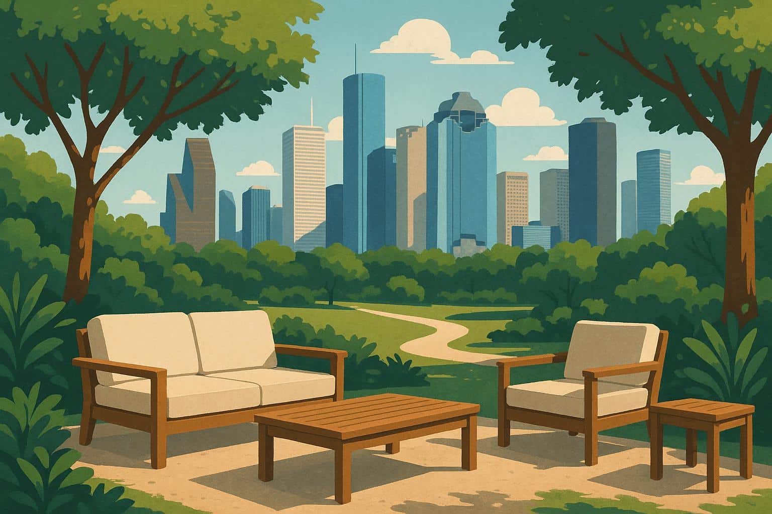Downtown Houston skyline with green park space, highlighting relaxation in Space City