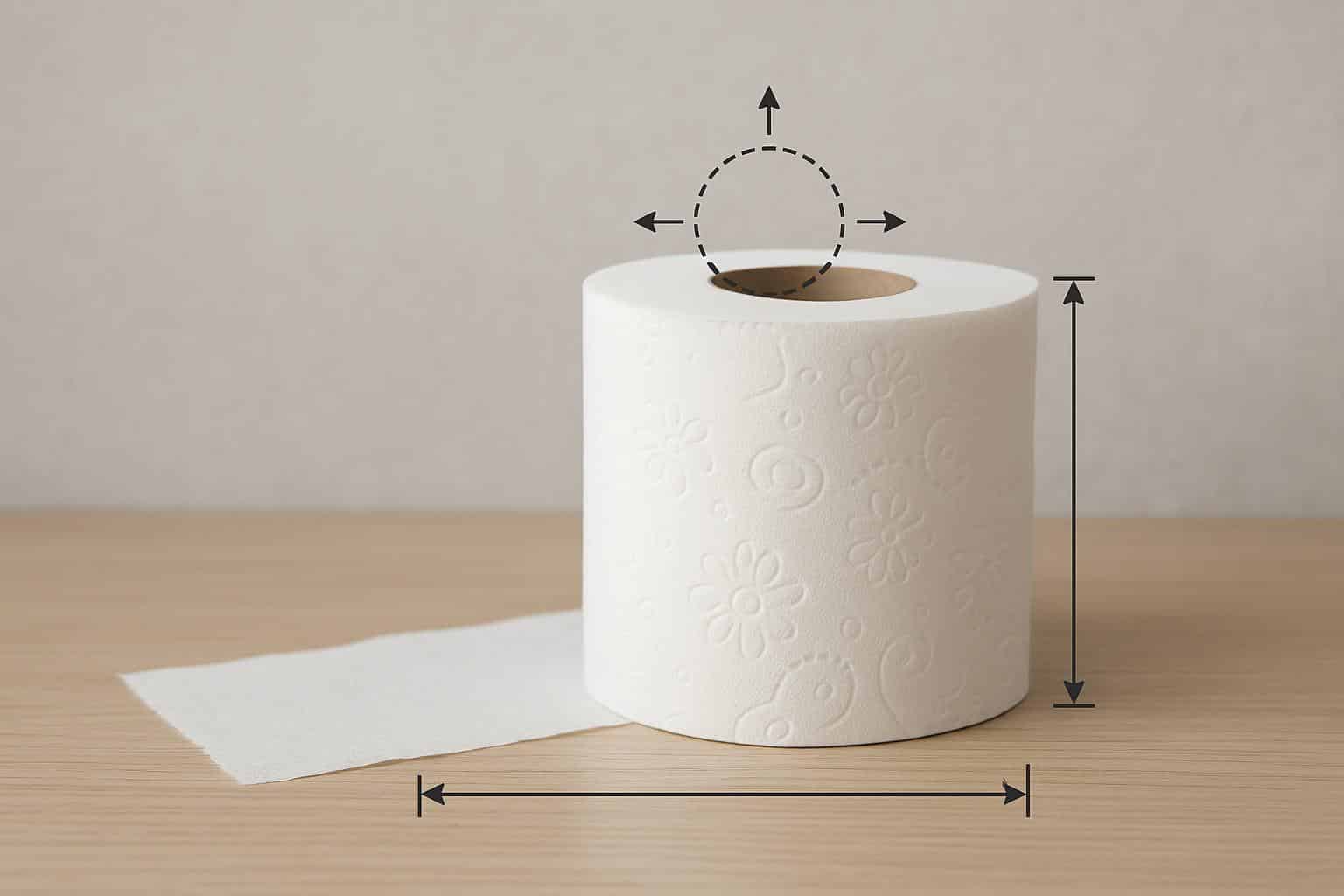 Several toilet paper rolls of varying sizes displayed side by side on a bathroom countertop