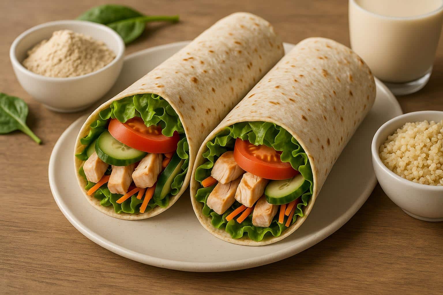 Whole grain protein wraps filled with fresh vegetables and lean chicken on a wooden board