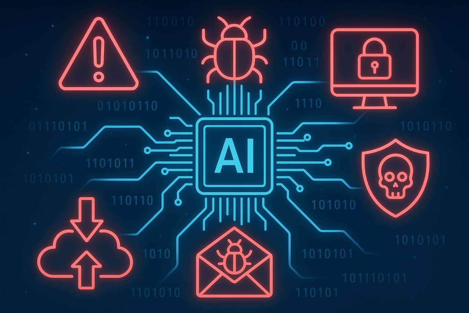 Artificial intelligence analyzing cyber threats with digital security icons and network data
