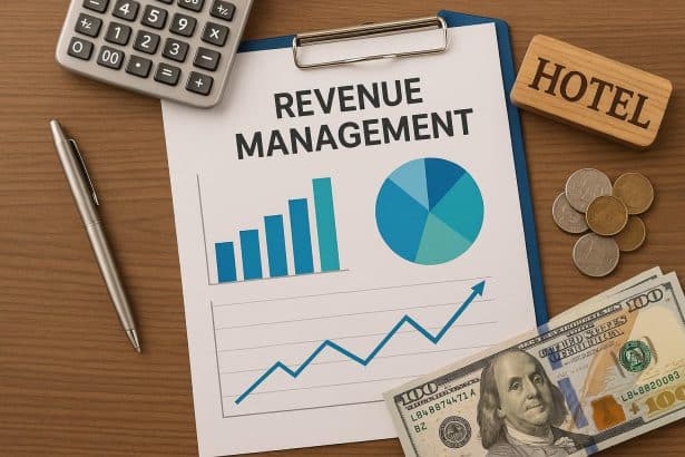 Modern hotel front desk with charts and graphs illustrating revenue management strategies