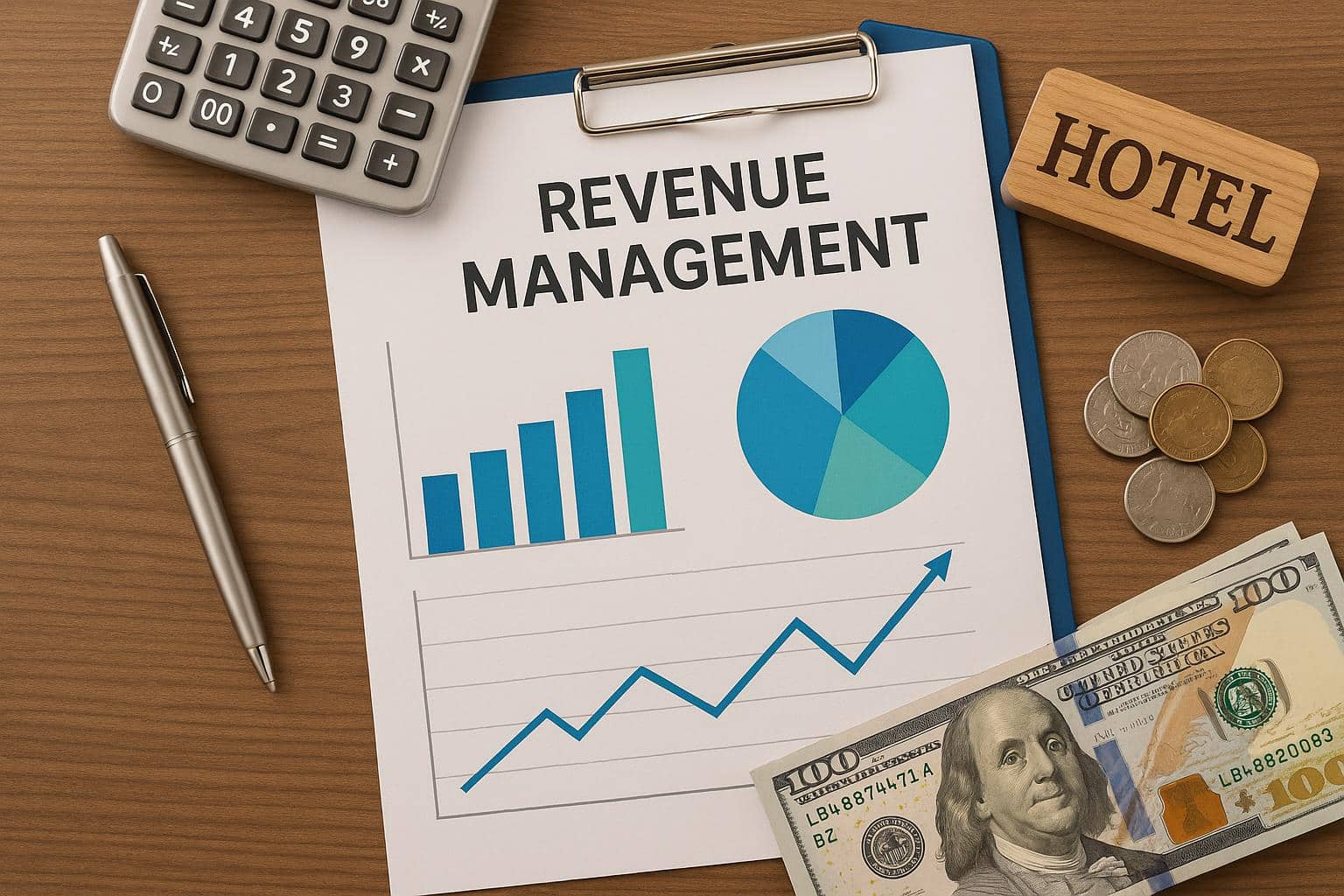 Modern hotel front desk with charts and graphs illustrating revenue management strategies