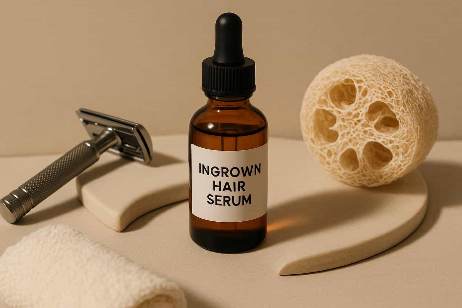 Ingrown hair serum bottle next to hair removal tools on a clean bathroom countertop