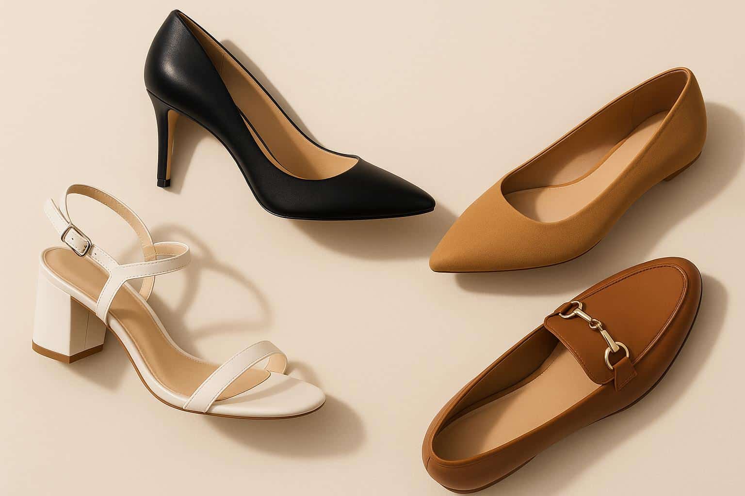 Assorted stylish women's heels and flats displayed for essential fashion footwear choices