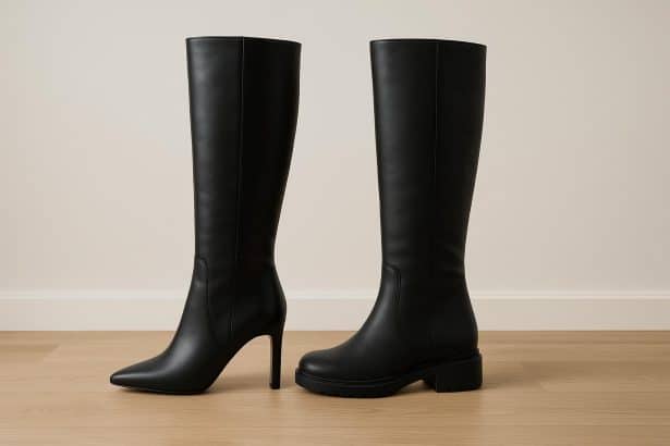 Knee-high heeled and flat boots side by side on display, highlighting style and comfort options