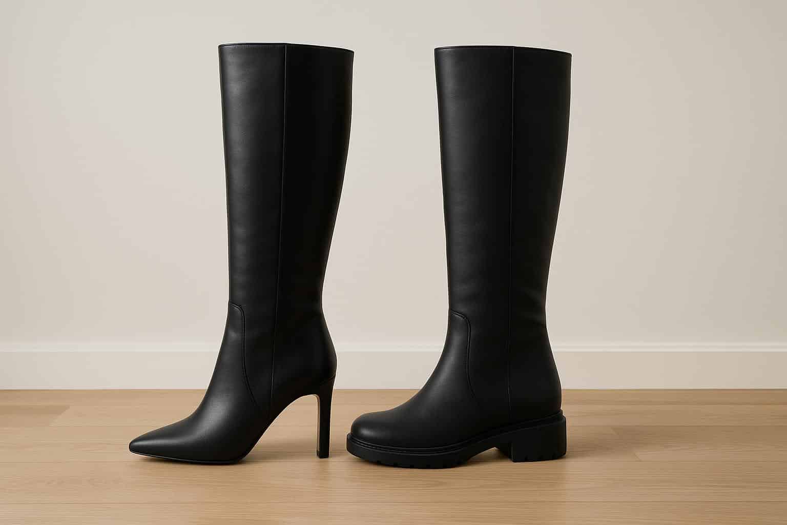 Knee-high heeled and flat boots side by side on display, highlighting style and comfort options