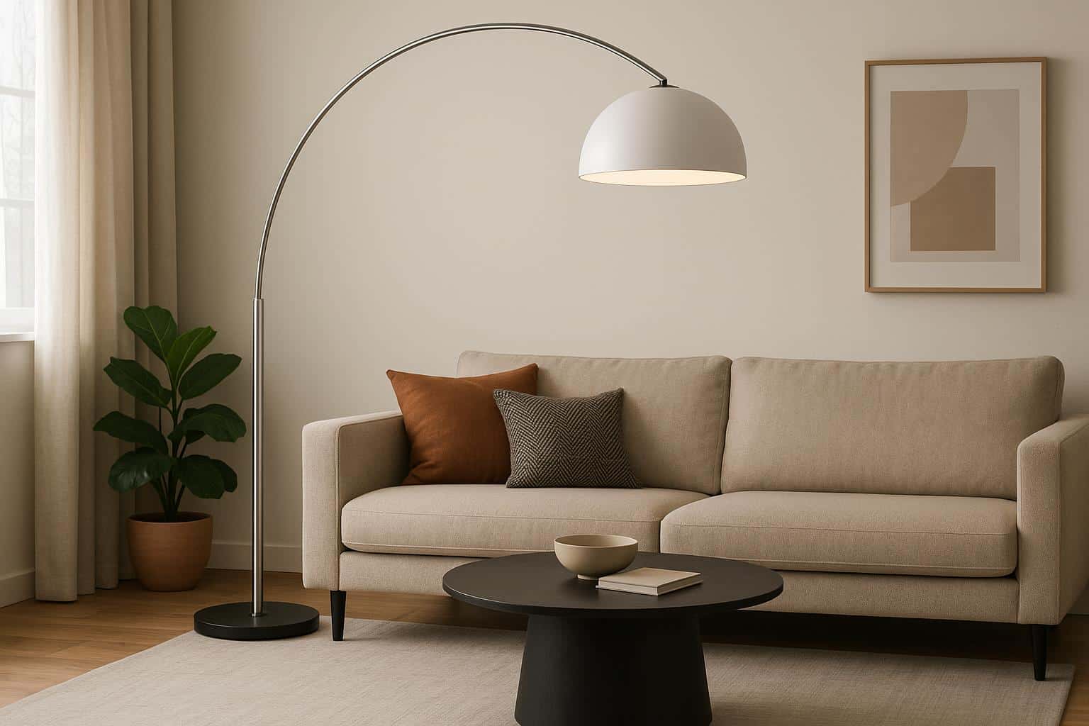 Modern arc floor lamp illuminating a stylish living room with contemporary decor elements