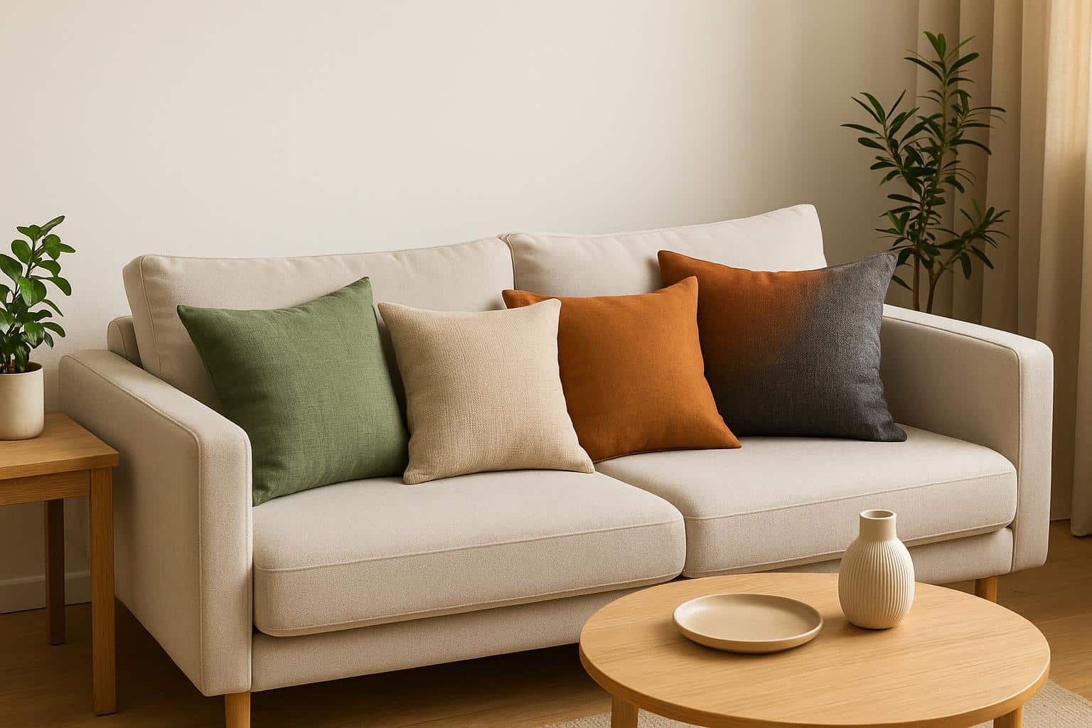 Stylish sofa with vibrant cushion covers enhancing a modern living room interior decor