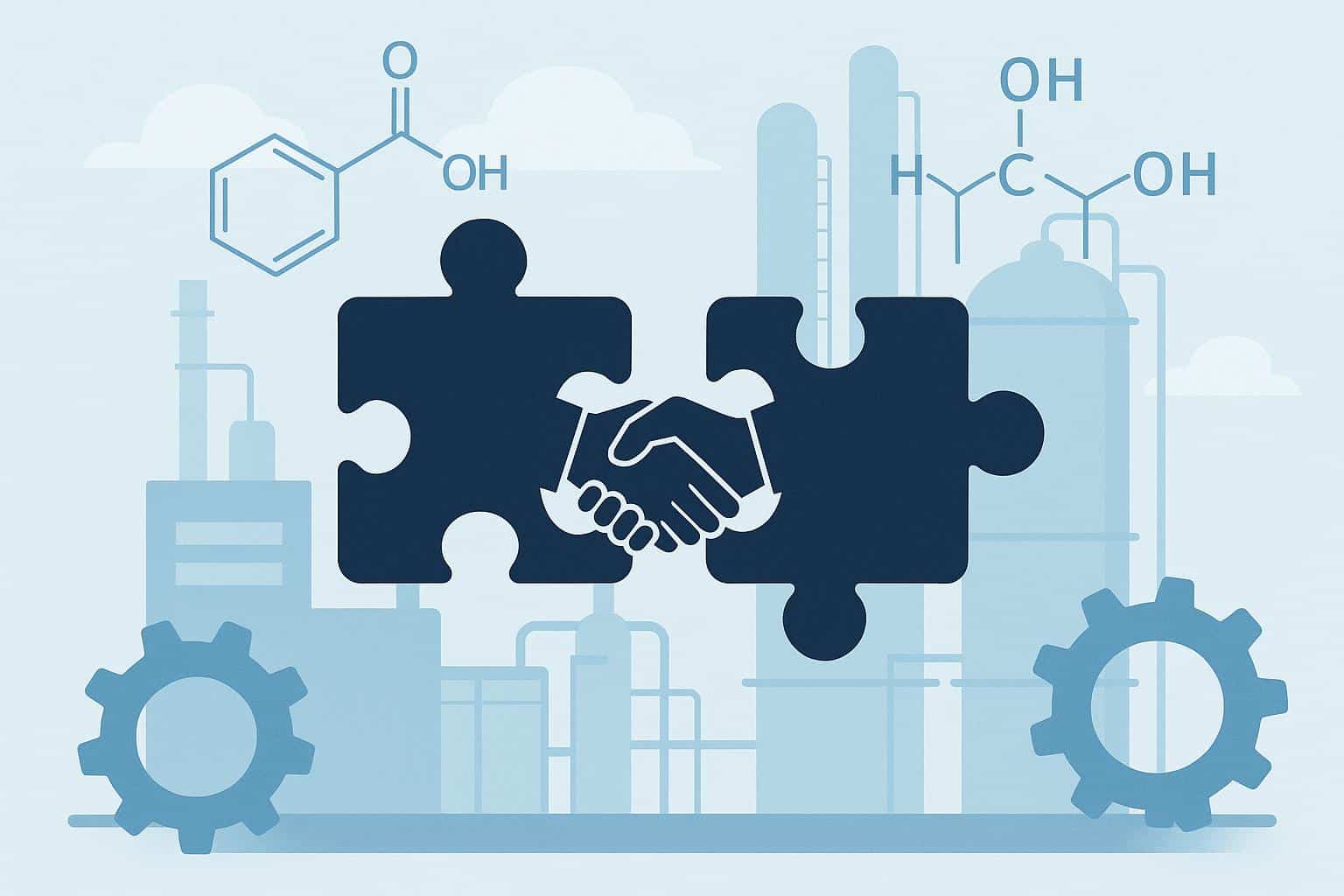 Chemical manufacturing plant with partnership handshake symbolizing industry collaboration