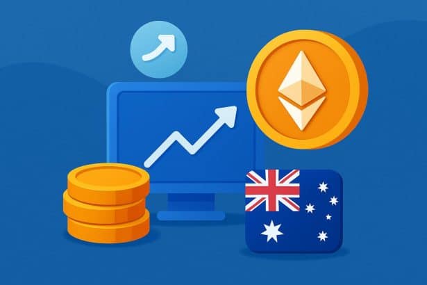 Ethereum coins and Australian dollar notes illustrating buying Ethereum in Australia confidently