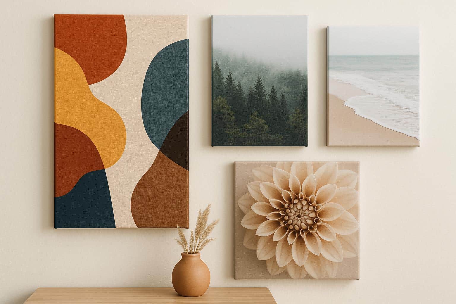 Elegant living room with canvas prints on the wall, showcasing personalized home décor ideas