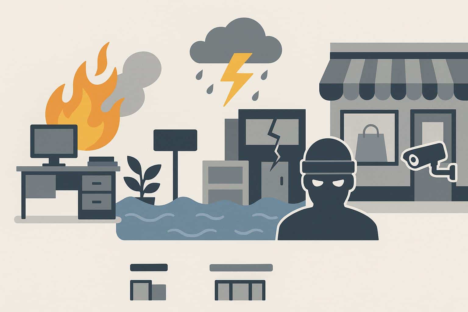 Damaged office workspace with water leak and fallen ceiling tiles highlighting commercial property risks