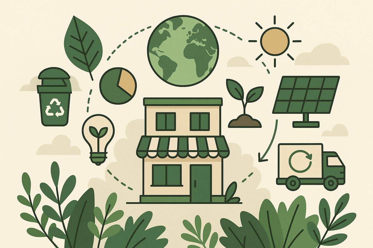 Eco-friendly office setup with reusable materials and plants promoting sustainable business practices