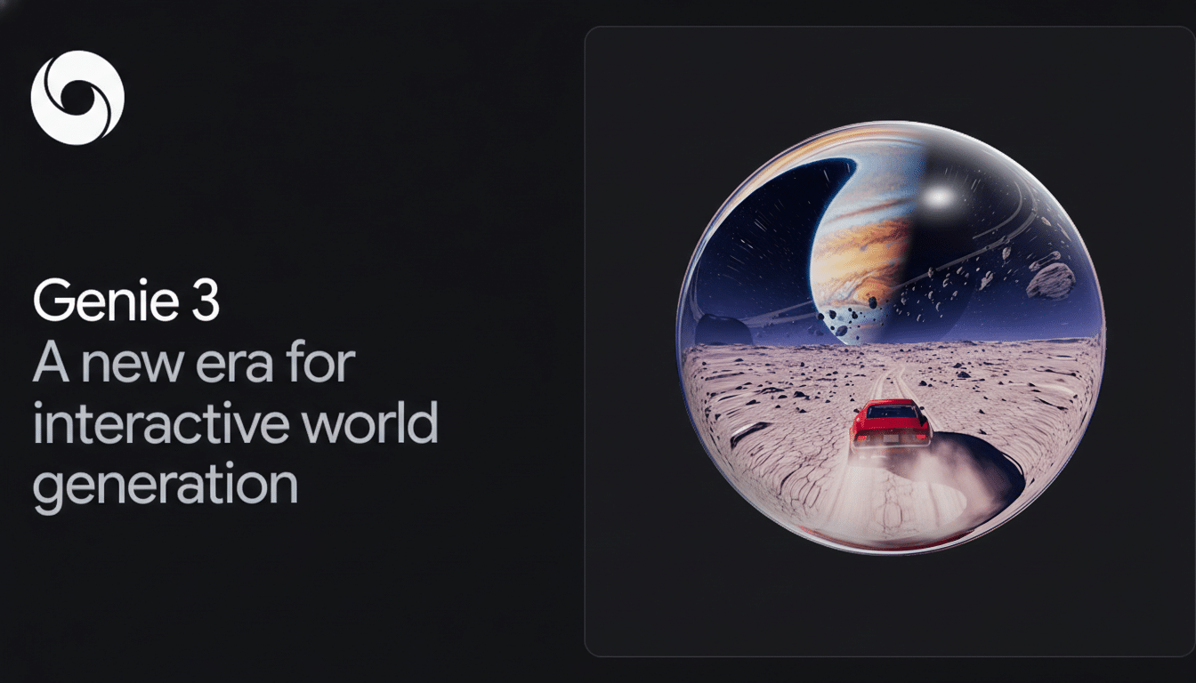 A dark-themed promotional image for Genie 3: A new era for interactive world generation, featuring a white spiral logo in the top left and a large, clear sphere on the right. Inside the sphere, a red car drives on a desolate, cracked landscape under a sky with a large planet resembling Jupiter and a crescent moon.