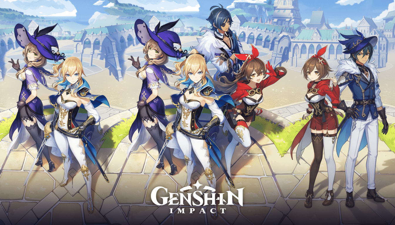 A 16:9 aspect ratio image featuring four Genshin Impact characters: Lisa, Jean, Amber, and Kaeya, standing in a stylized outdoor setting with the games logo at the bottom.