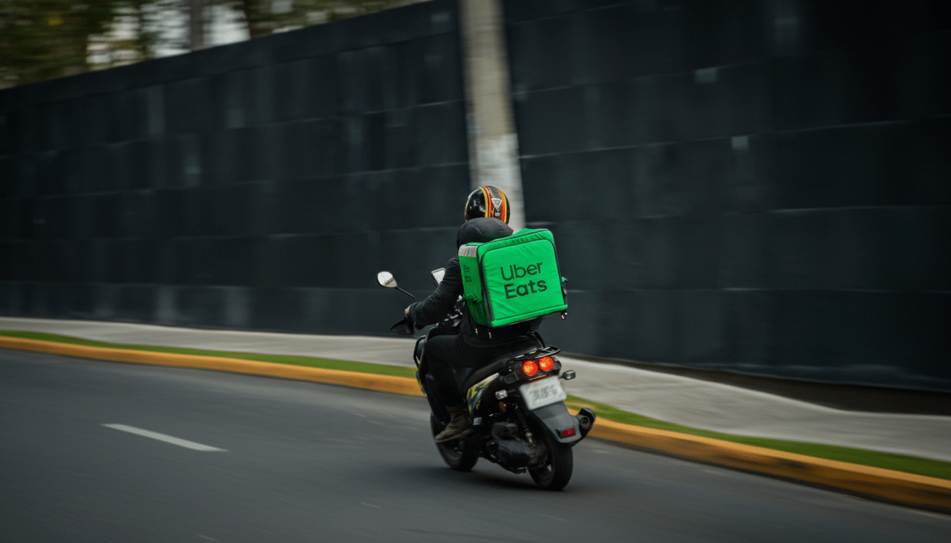 A person on a scooter with an Uber Eats delivery bag on their back, riding on a road with a dark wall in the background.