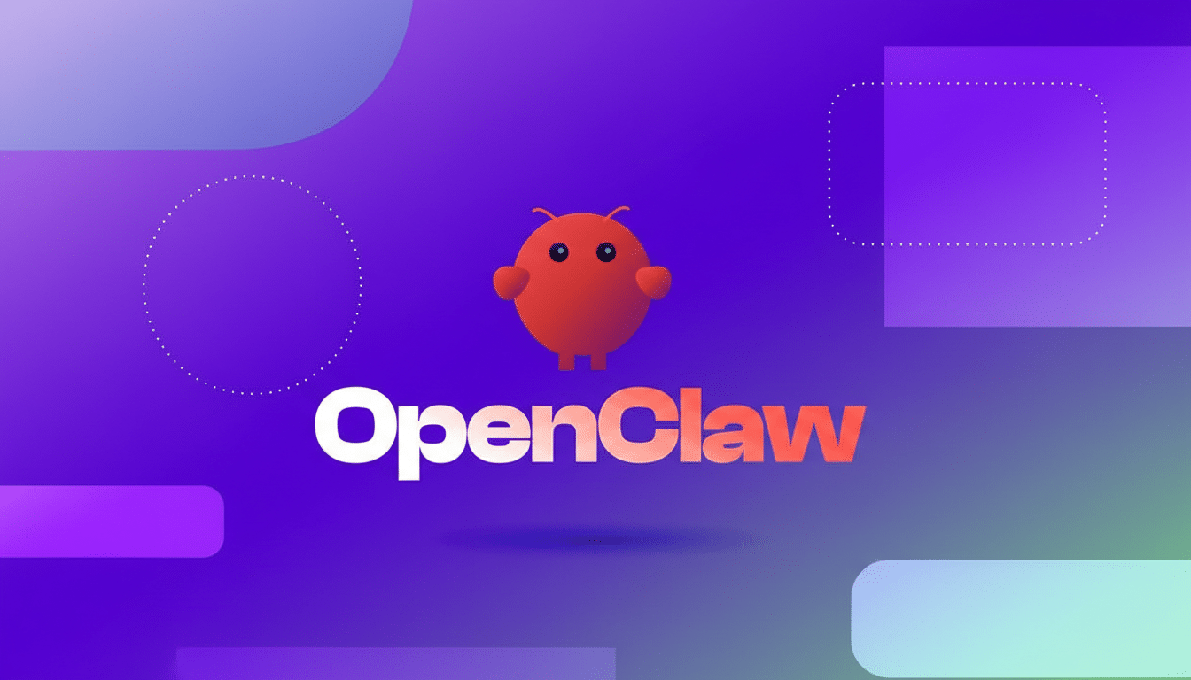 The OpenClaw logo featuring a red, round, cartoon-like creature with small antennae and blue eyes, positioned above the word OpenClaw in white and orange text, all set against a vibrant purple and blue gradient background with subtle geometric shapes.