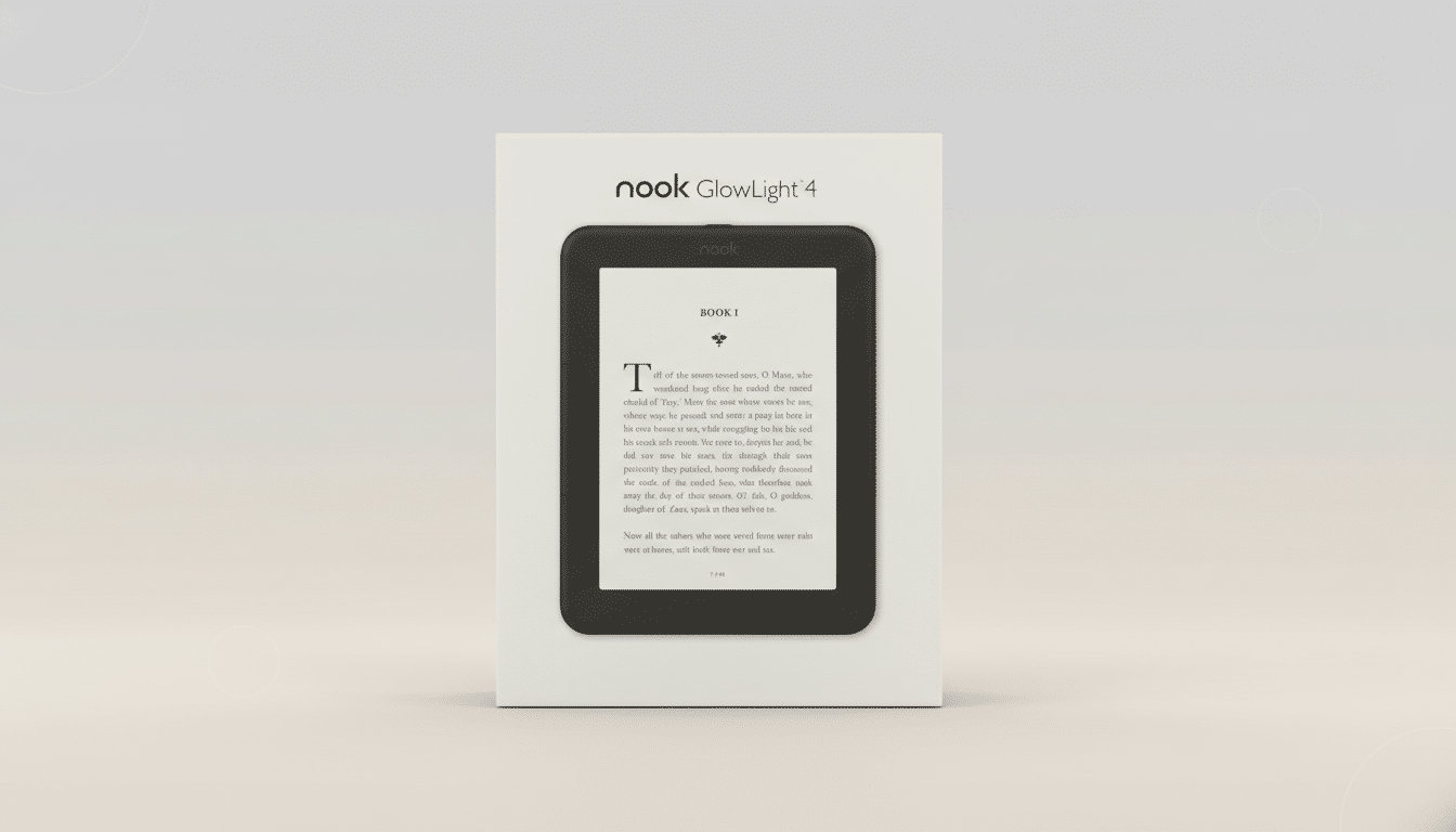 A Nook GlowLight 4 e-reader in its packaging, presented on a professional flat design background with soft patterns.