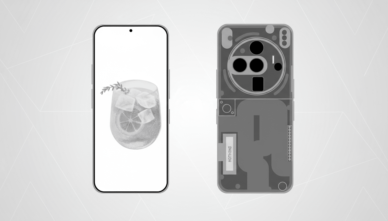 A smartphone with a cocktail on its screen and the back of a Nothing Phone (2) next to it, presented on a professional flat design background with soft patterns.