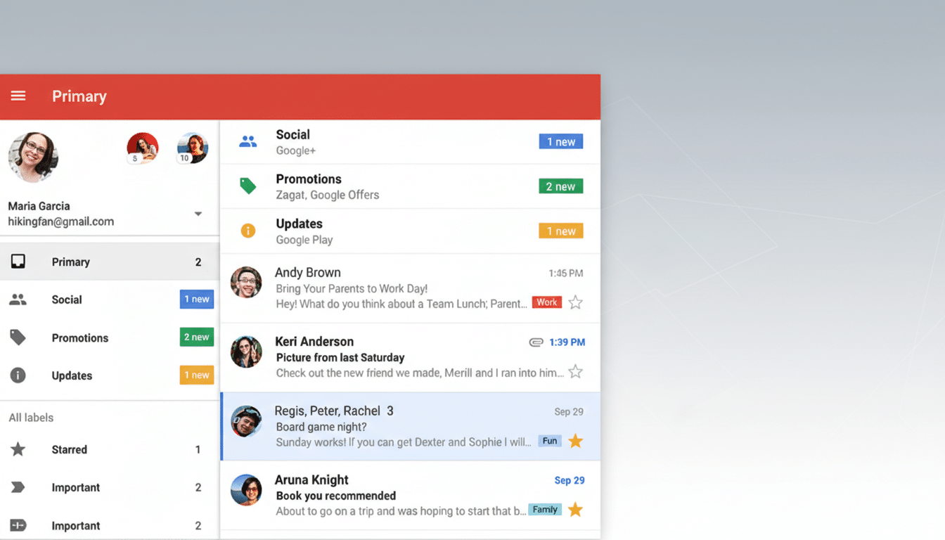 A professional, enhanced image of a Gmail inbox interface, resized to a 16:9 aspect ratio. The original background is maintained, and the layout shows various email categories and messages.