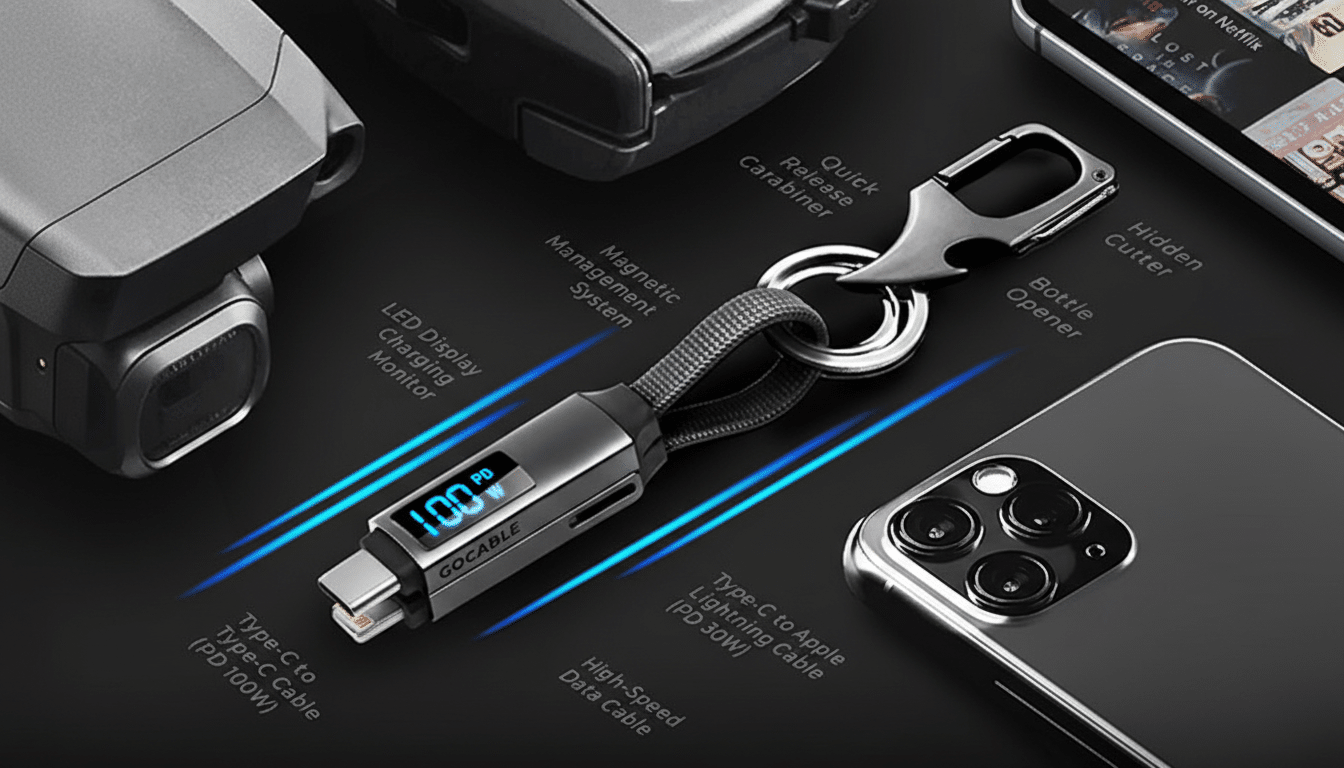 A Gocable multi-functional charging cable with a quick-release carabiner, bottle opener, and hidden cutter, displayed on a dark background with other tech devices.
