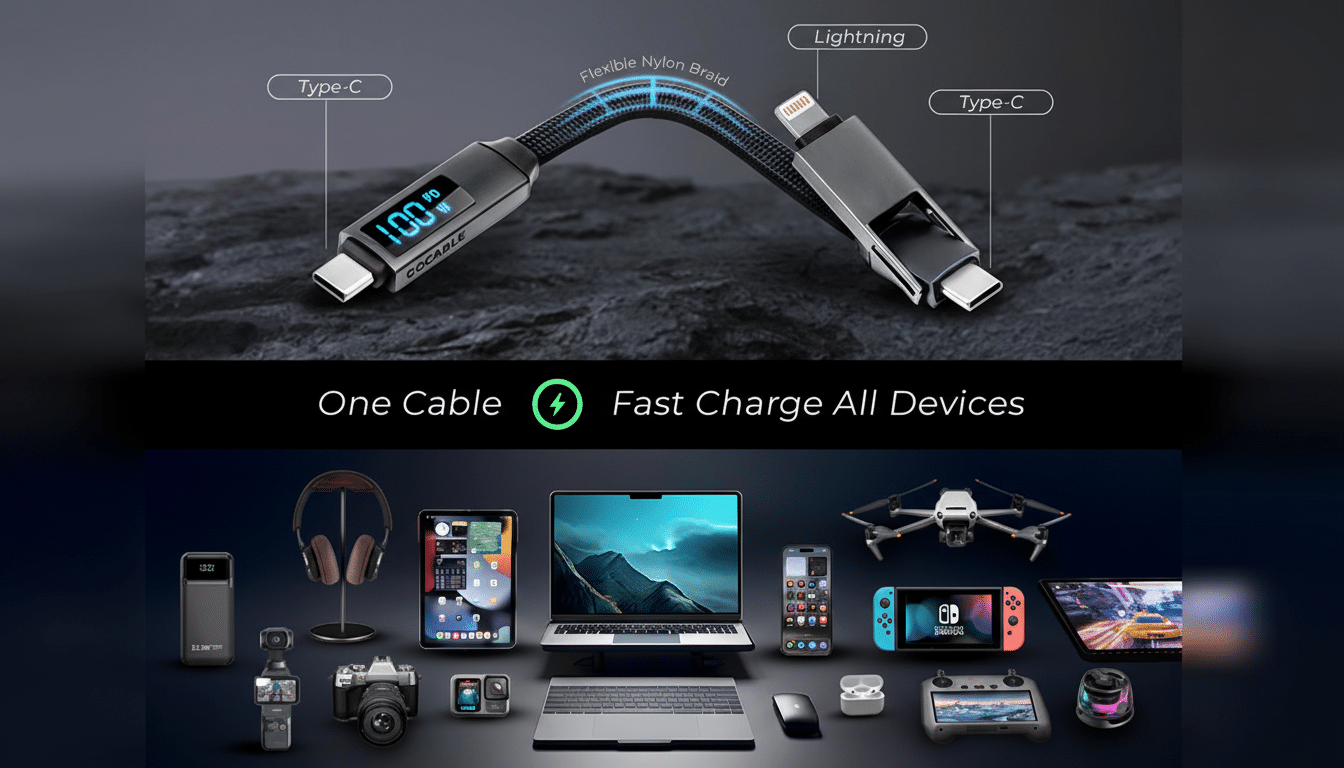 A 16:9 aspect ratio image featuring a Cocable charging cable with Type-C and Lightning connectors, displaying 100W on its screen, above a collection of various electronic devices it can charge.
