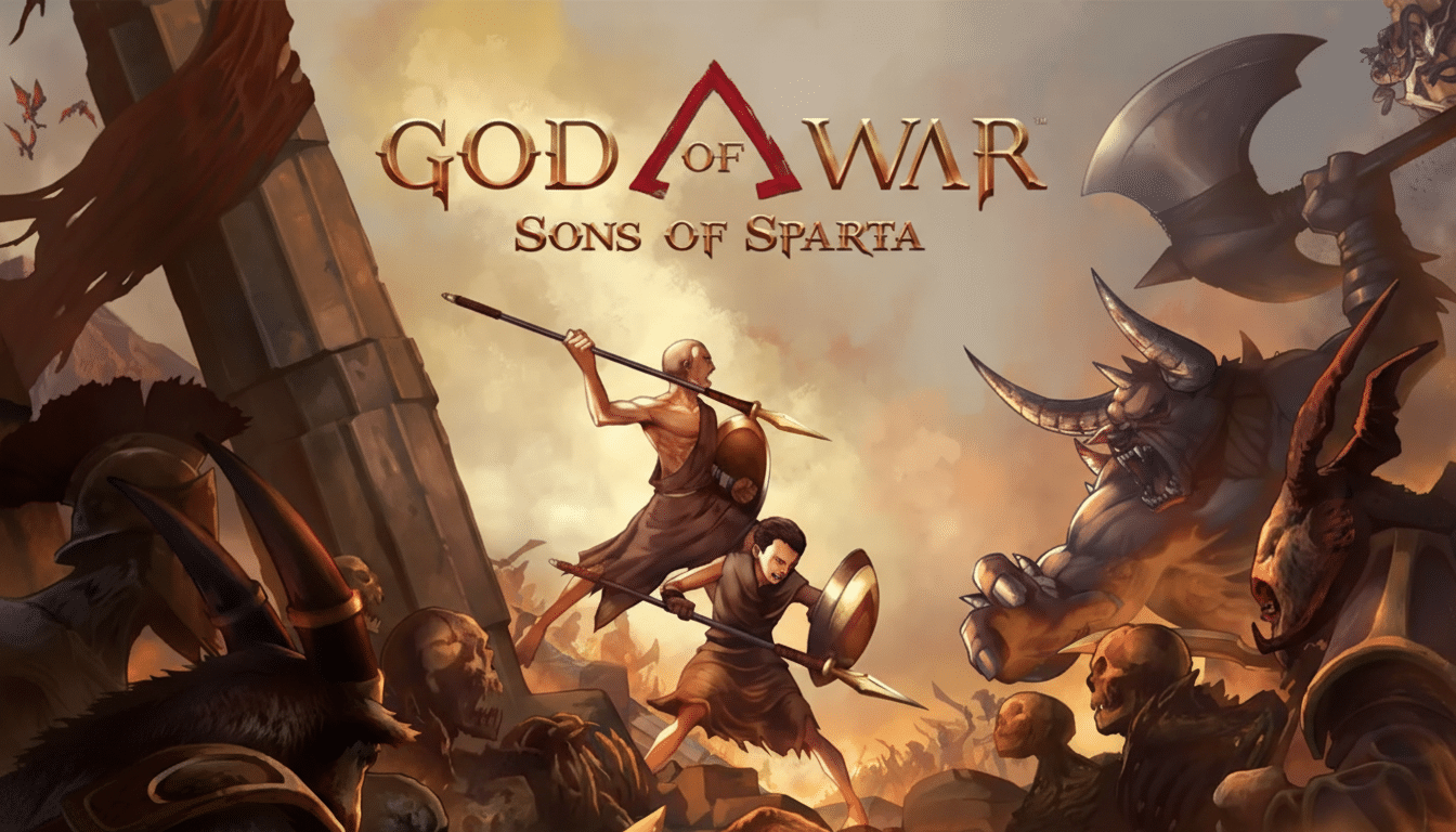 The God of War: Sons of Sparta game title is prominently displayed in the center, with two Spartan warriors in the foreground battling various mythical creatures and skeletal figures. The background features ancient ruins and a dramatic sky, maintaining the original artistic style.