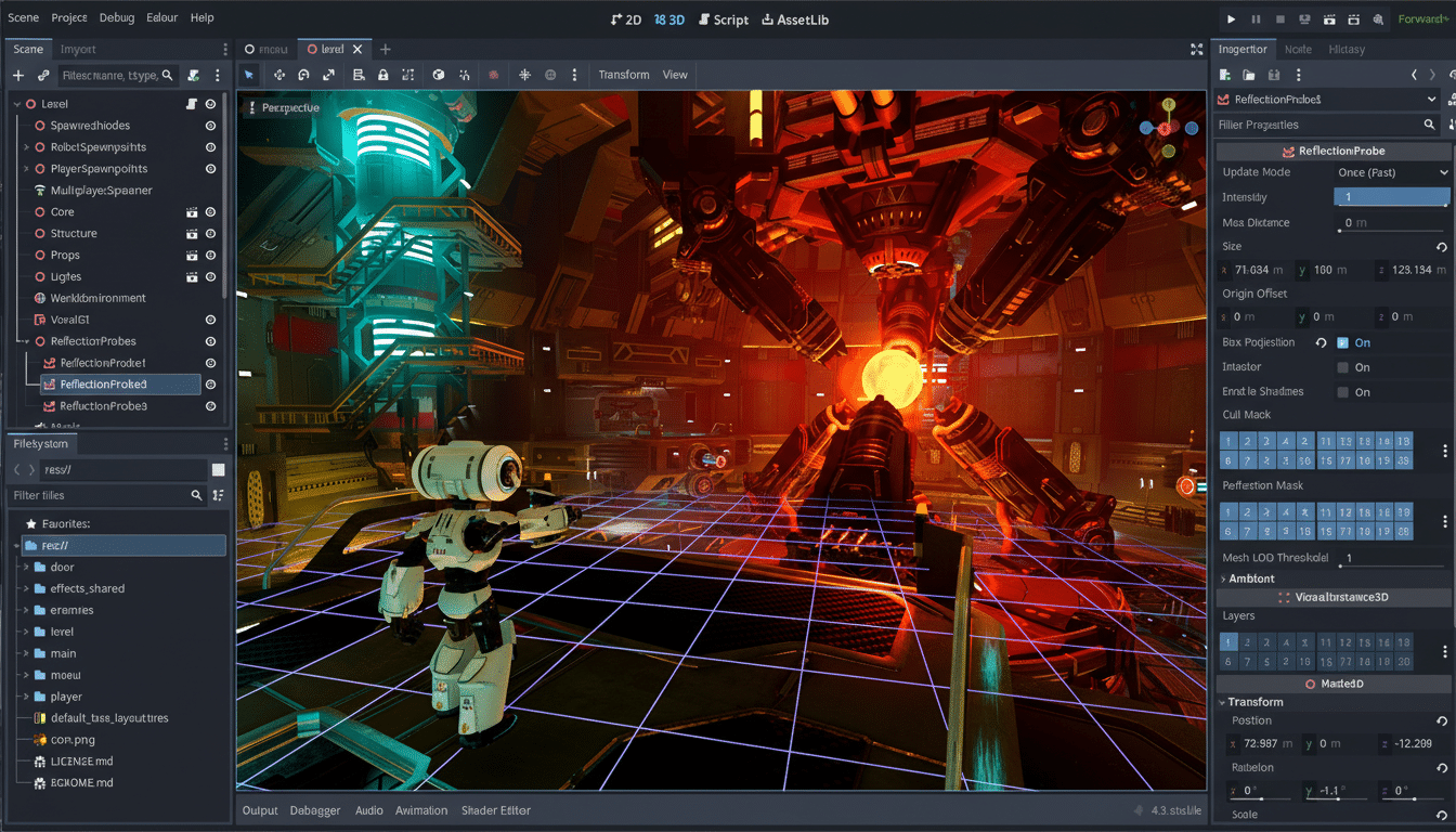 A screenshot of the Godot game engine interface, displaying a 3D scene with a white robot character on a grid, facing a large, glowing red and orange mechanical structure. The interface shows various panels for scene hierarchy, file system, inspector properties, and output.
