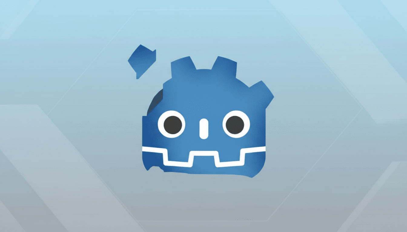 A blue, gear-shaped logo with a stylized face, featuring two black eyes and a white, jagged mouth, set against a light blue background with subtle geometric patterns.
