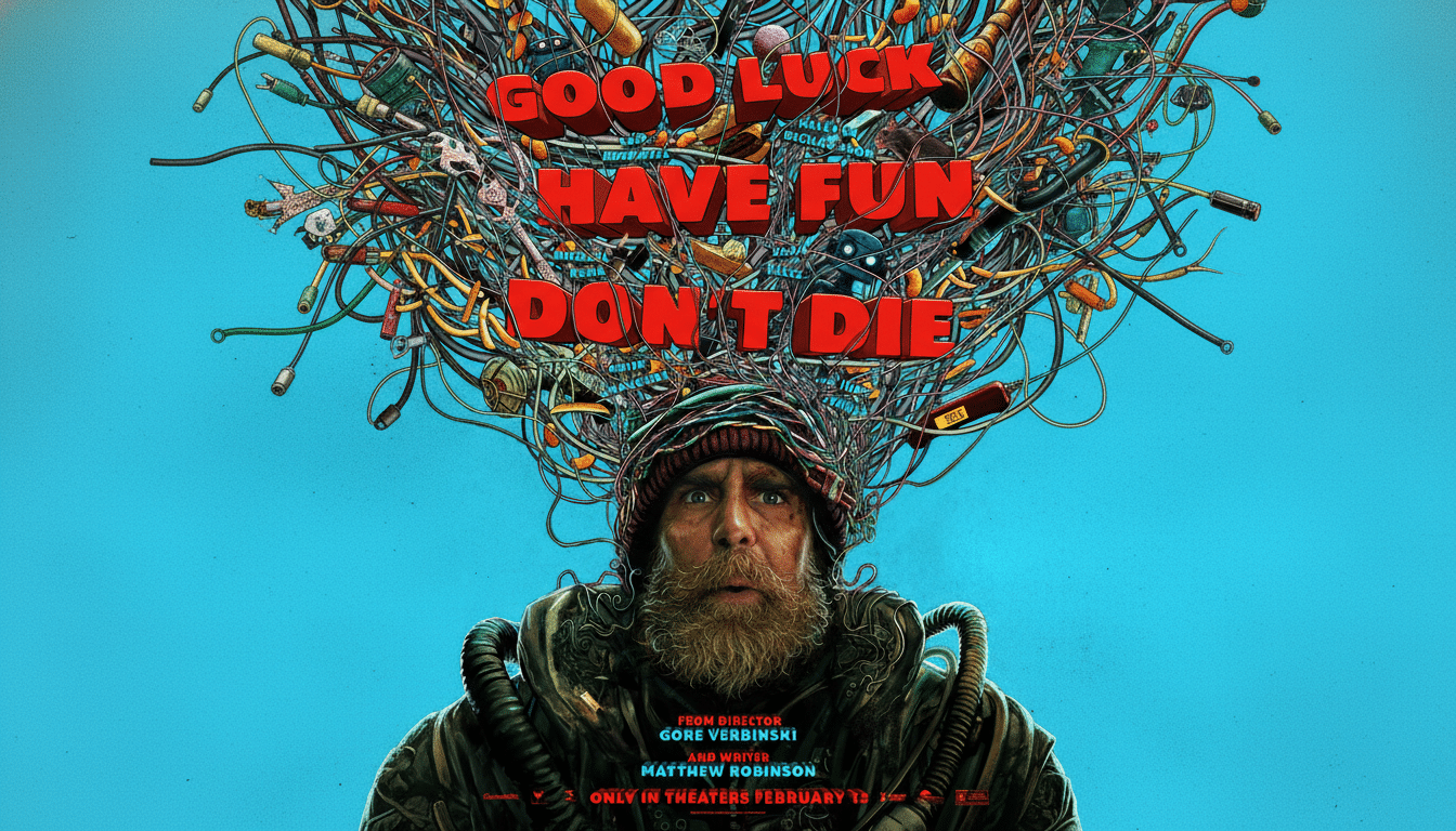 A movie poster for Good Luck Have Fun Dont Die featuring a man with a beard and a beanie, with wires and various objects tangled above his head, against a blue background.