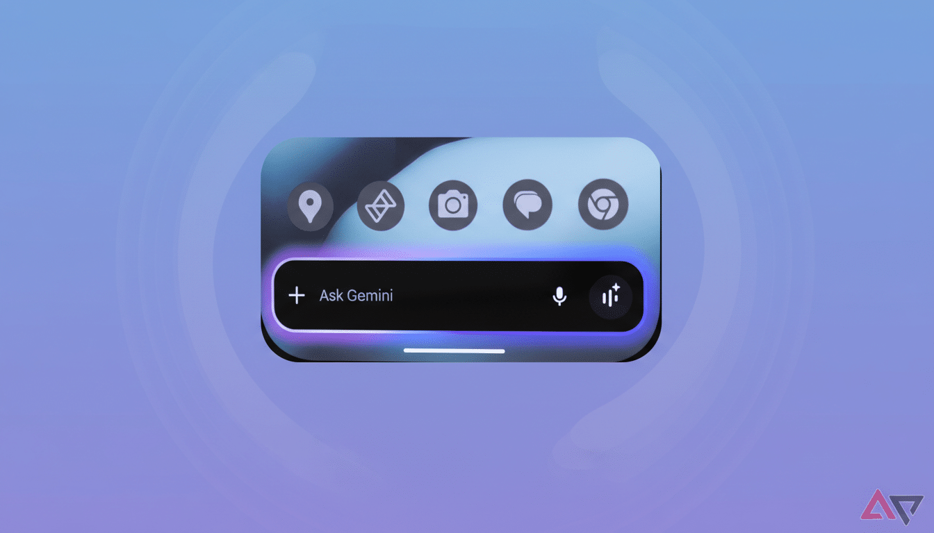 A smartphone screen displaying the Ask Gemini search bar and app icons, resized to a 16:9 aspect ratio with a professional flat design background.