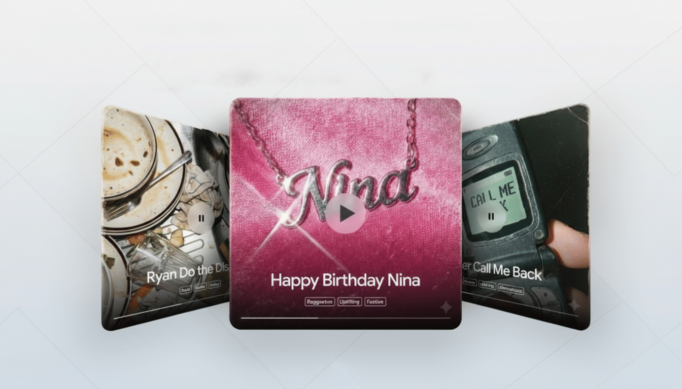 Three album covers are displayed on a white background with a subtle gray pattern. The central album cover is pink with a silver Nina necklace and the text Happy Birthday Nina. To the left, an album cover shows dirty dishes, and to the right, an album cover features an old flip phone.