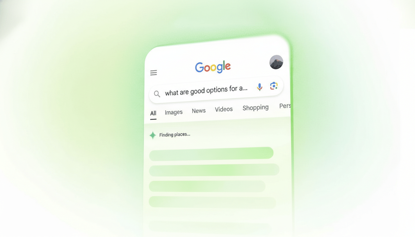 A close-up of a smartphone screen displaying the Google search interface with a search query what are good options for a... and Finding places... below it, set against a soft green and white gradient background.